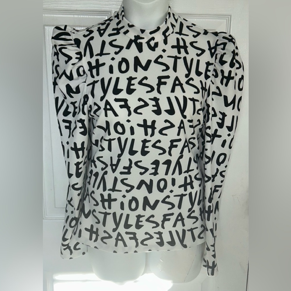 SHEIN Graphic Print ‘Fashion Style’ Mock Neck Long Sleeve Top